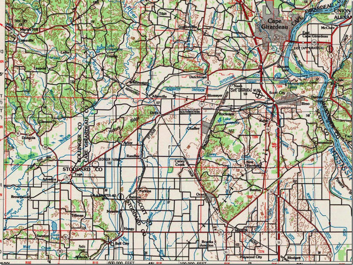 Thebes to Illmo to Delta to Perkins to Bell City. We will check out BNSF at Chaffee later. Paducah, KY-IL-MO-IN, 1:250,000 quad, 1987, USGS.