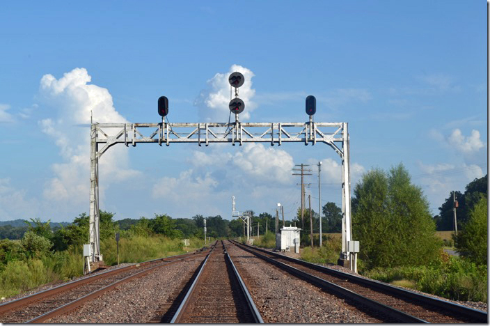 UP signal bridge at “Chap” at the south end of the village of Gorham IL. On the left is the south leg of the Chicago Subdivision wye.