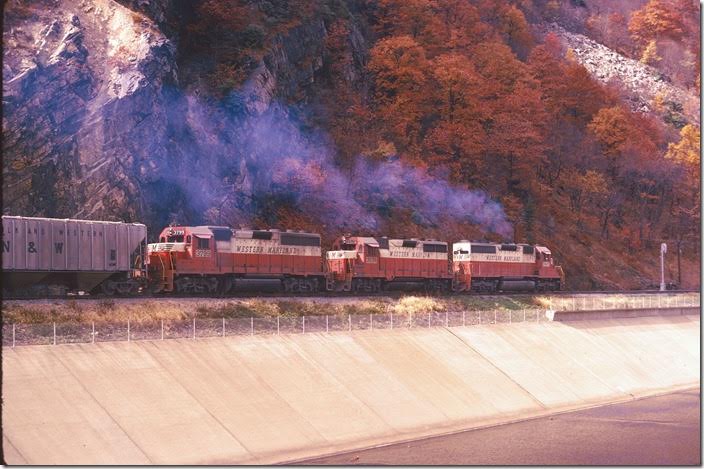 Leaving town for Connellsville and the connection with the P&LE and N&W. This is in the “Narrows” through which Wills Creek, US 40, and the B&O main line also run. WM Ridgeley WV. 