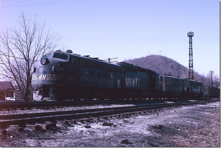 F7a 240 with SD40 7474 and F7as 63 and 236 are ready to couple up for the run to Connellsville, Pa. WM Ridgeley WV.