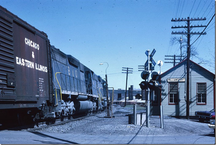 B&O GP40 3746 and an unknown SD40 make a run at the hill without a helper. That C&EI boxcar makes me drool! 04-08-1971. WM Williamsport MD.