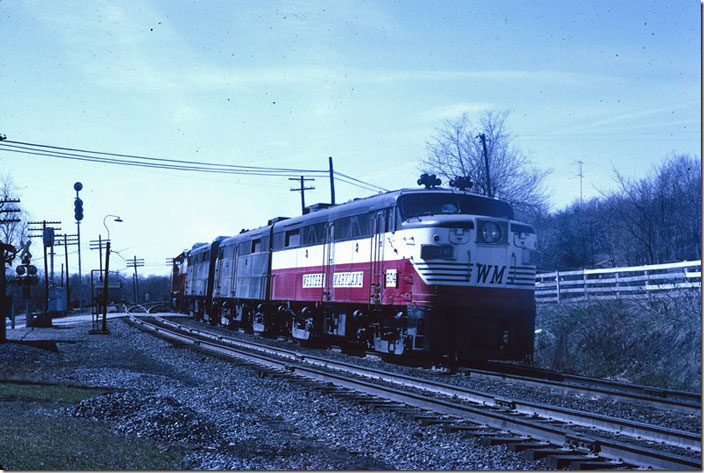 They head west on the double track to meet up with an anticipated WM freight train. WM Williamsport MD.