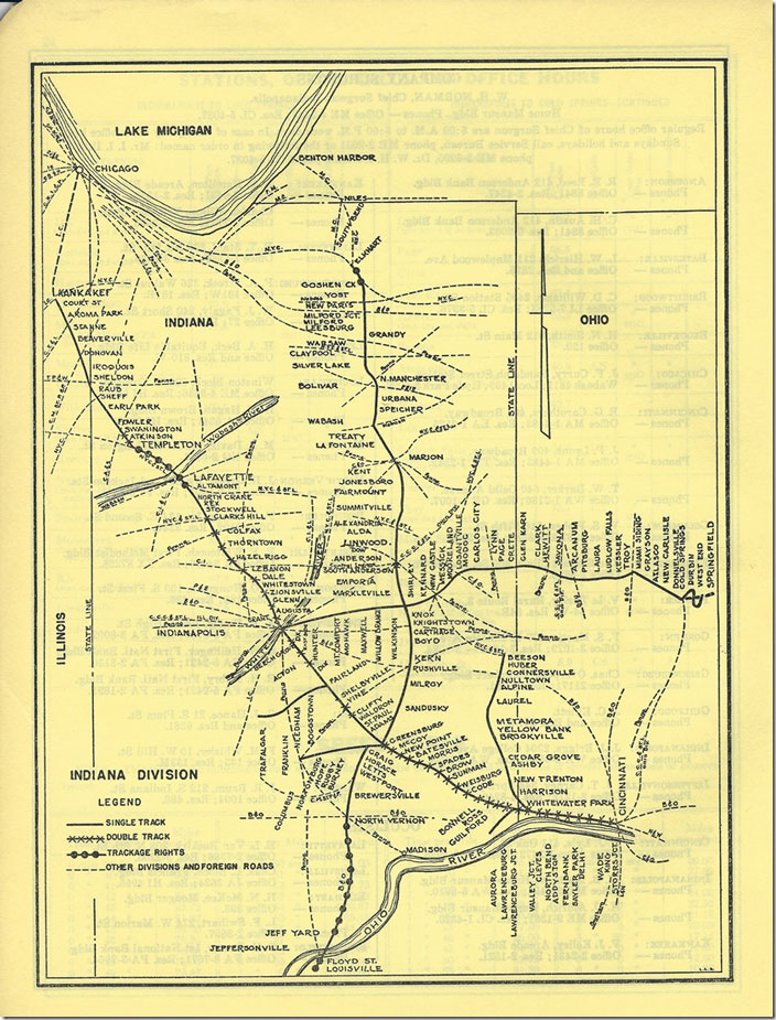 This former New York Central line branched off the Cincinnati-Indianapolis main line at Valley Junction and extended 56.4 mi. to a connection with the Nickel Plate at Beeson. We saw some of the track around Brookville, but it is overgrown with weeds and long out of service. NYC Indiana District map.