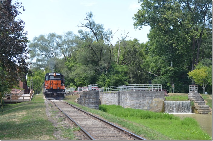 Lock 25. MILW 532 backs north of town to run around the train. Metamora IN.