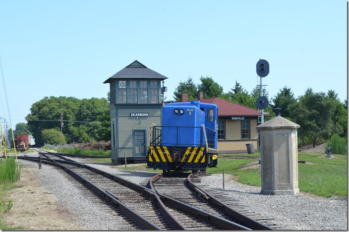 Just south of the Whitewater shop we found this display. B&O Dearborn tower. Rushville depot. Connersville IN.