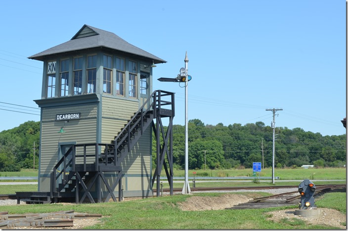 B&O’s Dearborn tower controlled an interlocked crossing with the NYC at Lawrenceburg IN. Note the B&O dwarf signal. To my knowledge there was no crossing at grade at this location. The B&O (now CSX Indianapolis Sub.) crosses downtown. B&O tower Dearborn IN relocated to Connersville IN.